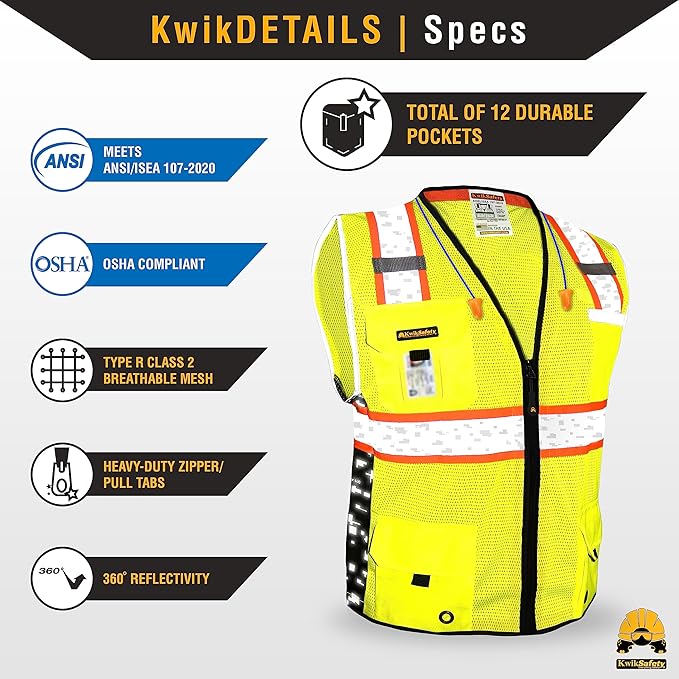 KwikSafety - BIG KAHUNA DIGITAL Safety Vest [LIMITED EDITION] Class 2 ANSI OSHA Reflective Vest Durable High Visibility Vest Construction Safety Vest for Men Industrial Work Gear/Yellow Medium