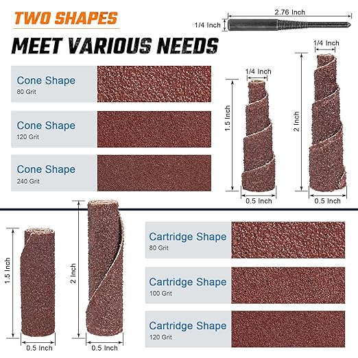 62Pcs Mini Sanding Cone Engine Porting Assortment Kit Cone Cylinder Shaped 1/4inch Shank Abrasive Sanding Set Sleeve Sandpaper Roll