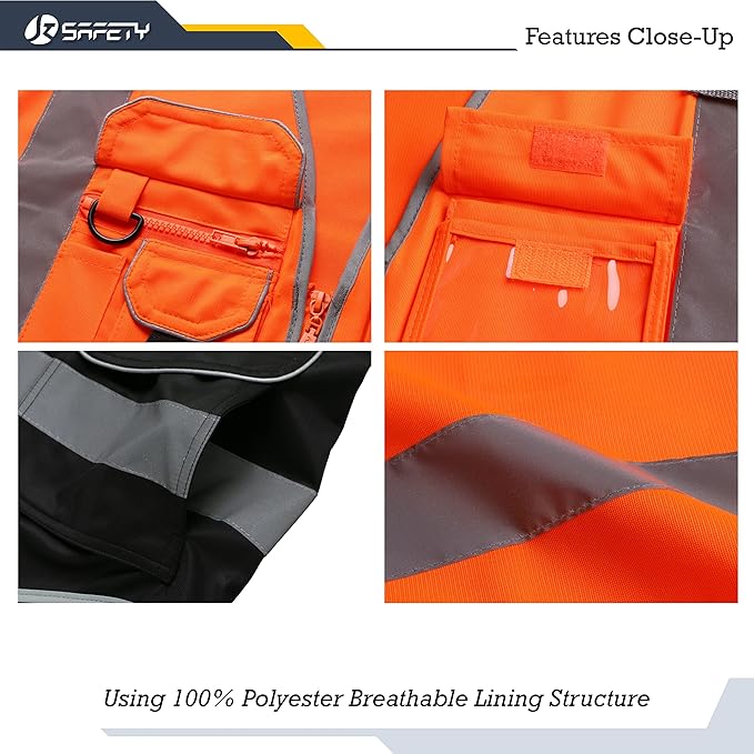 JKSafety 9 Pockets Class 2 High Visible Reflective Safety Vest Zipper Front Breathable Lining Orange-Black Meets ANSI/ISEA Standards(150-Orange-Black L