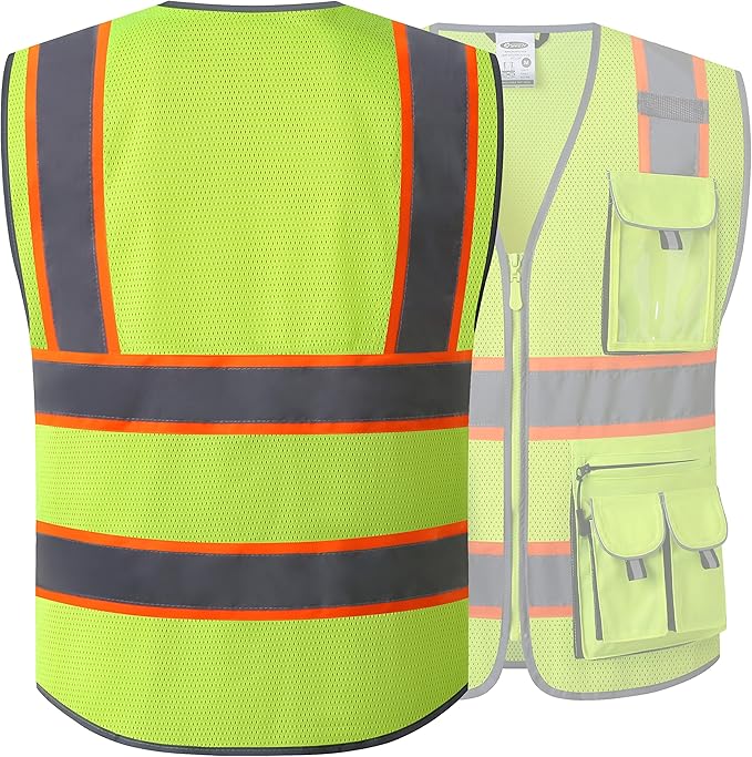 JKSafety 10 Pockets Hi-Vis Neon Color Frontal Zipper Mesh Safety Vest for Men Women Safety Utility for works Comply to ANSI/ISEA Class 2 (86-Yellow M)