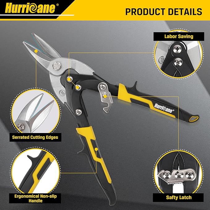 HURRICANE 10 Inch Aviation Tin Snips, Cr-Mo Aviation Snips for Cutting Metal Sheet, Heavy Duty Sheet Metal Cutter Shear, Straight Cut, High Leverage Aviation Snip, Up to 40% Labor Saving