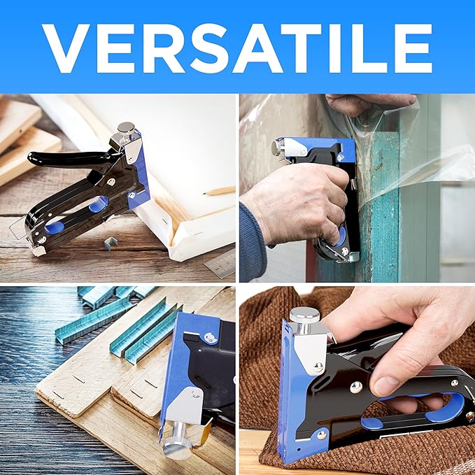 E•Werk - 5-in-1 Staple Gun Set - Heavy-Duty Stapler w/ 1500 Staples & Staple Remover for Wood, Fabric, Carpet & Wire Mesh - Hand Tacker w/Power Adjustment for Construction, Crafts & Upholstery Work