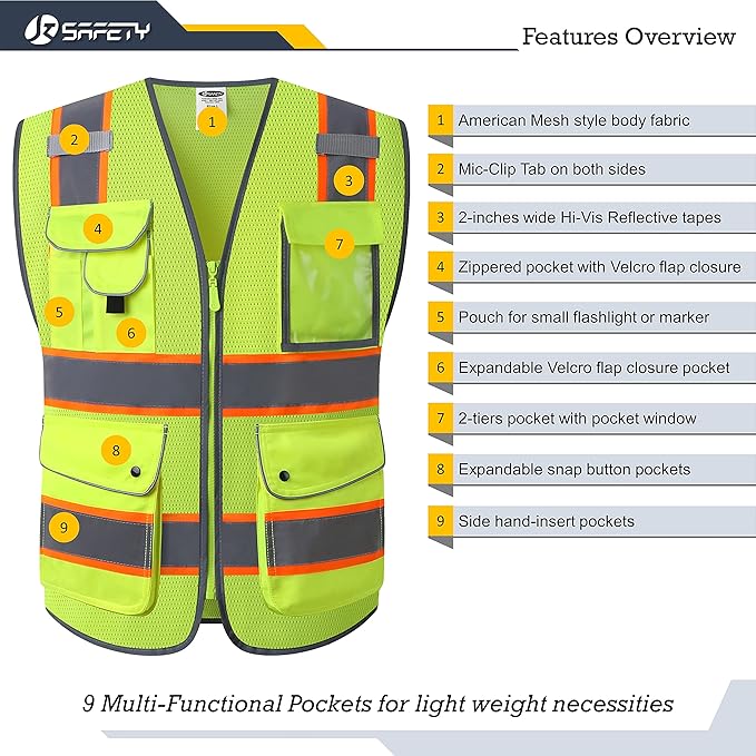 JKSafety 9 Pockets Hi-Vis Neon Yellow Zipper Front MESH Safety Vest with Fluorescent Orange Extend Edge outlining the Reflective Tapes Meet ANSI/ISEA Class 2 Standard (100-Yellow, XL)