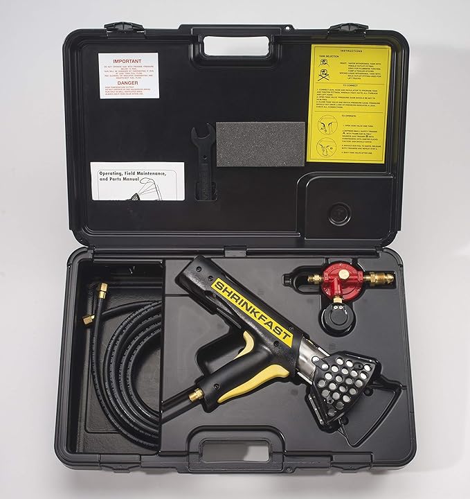 Bundle - Shrinkfast 998 Propane Heat Gun, 200000 BTU, Ready to Use with 25' Hose, Regulator, Wrench, Hard Case, 6' Angled Extension, and Shrink Film Knife Made in the USA
