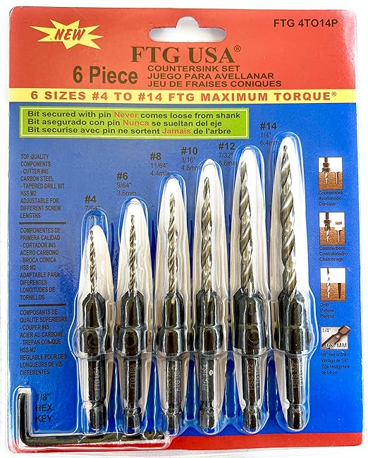 FTG USA Adjustable Wood Countersink Drill Bit Set 6 Sizes #4 to #14 Set with Tapered Drill Bits for Woodworking