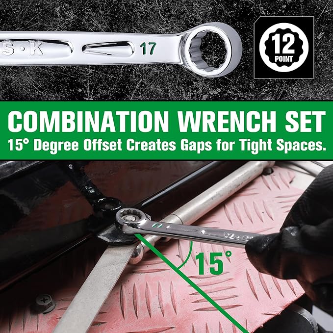 SK Combination Wrench Set, SAE 5/16" to 3/4", Metric 8 to 19mm, 23-Piece, SuperKrome Finish, Premium CR-V Construction, with Rolling Pouch