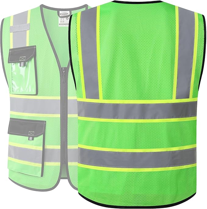 JKSafety Hi Vis Reflective Safety Vests for Men Women High Visibility Vest with Pockets Mesh Fabric Construction Safety Apparel Neon Vest for Work (220-Green M)