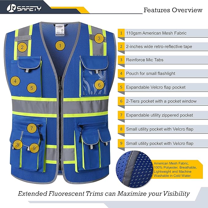 JKSafety 10 Pockets Hi-Vis Neon Color Frontal Zipper Mesh Safety Vest for Men Women Safety Utility for works Comply to ANSI/ISEA Standards (86-Blue XXL)