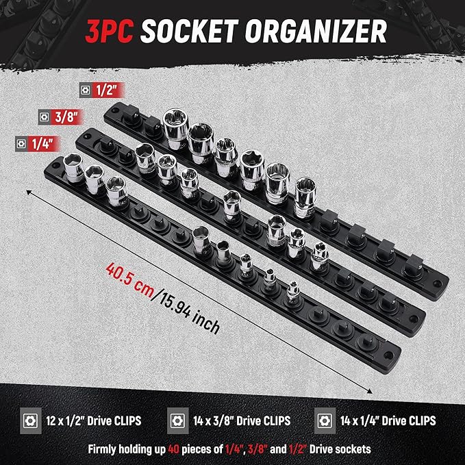 ALOANES Magnetic Socket Organizer Set, 3-Piece Heavy Duty Aluminum Socket Holder Socket Rail Organizer for Tool Box, 360°Swivel Clips Socket Rack 1/4, 3/8, 1/2-Inch x 40 Clips (Black)