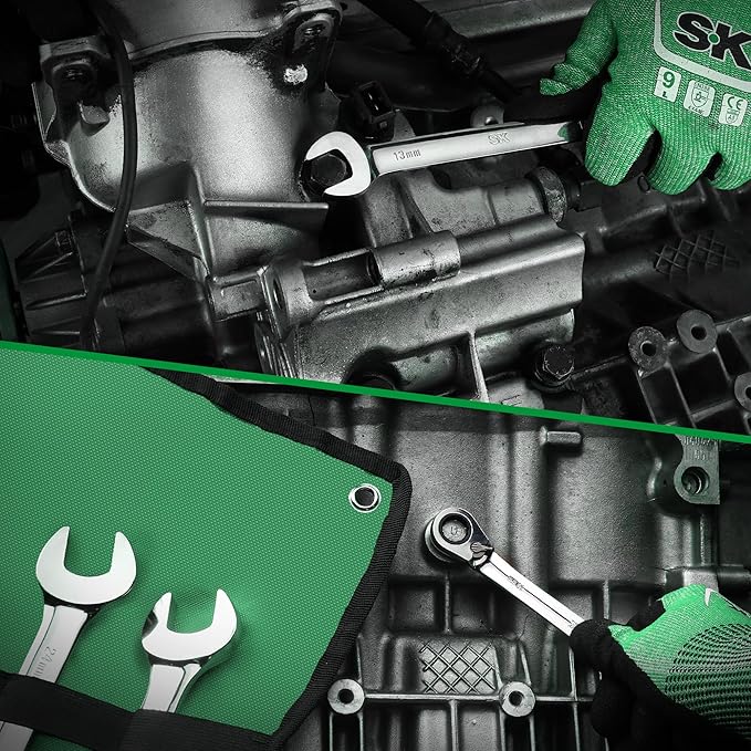 SK Reversible Ratcheting Wrench Set, Combination Wrench Set, 16-Piece, Metric, 72-Tooth, Premium CR-V Construction, with Rolling Pouch