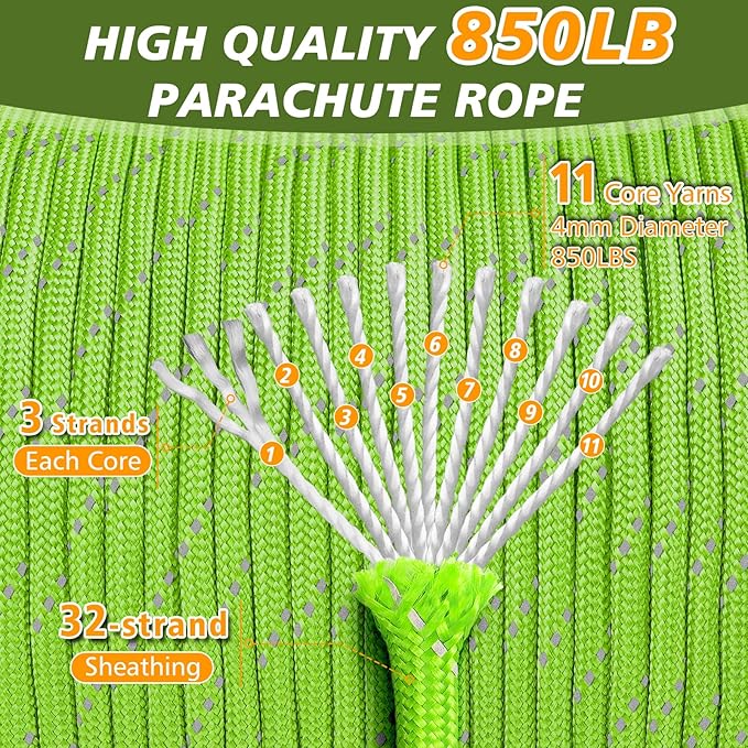Reflective Paracord Rope 850Ib, 50/100/200/500/1000ft 4MM 11 Strand Parachute Spool Cord, Paracords Lanyard String for Tent, Camping, Clotheline, Hiking, Survival Bracelet, Neon Green 200FT