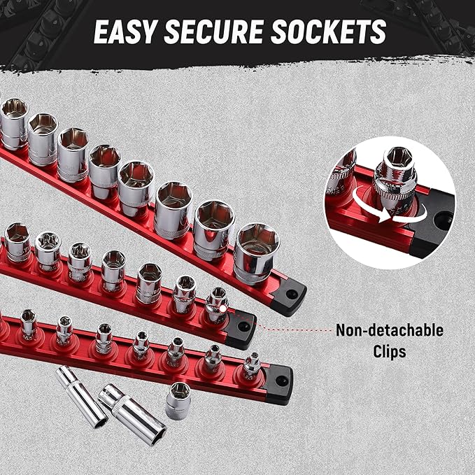ALOANES Magnetic Socket Organizer, 1/2-Inch Drive Aluminum Socket Holder Socket Tray, Heavy Duty Socket Rail Organizer for Tool Box Drawer, 360°Swivel Clips Socket Rack 1/2-Inch x 12 Clips (Red)