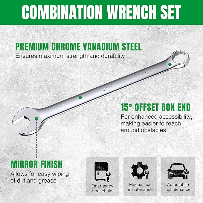 SK Long Pattern Combination Wrench Set, SAE 15/16" to 1-1/4", 5-Piece, SuperKrome Finish, Premium CR-V Construction, with Rolling Pouch