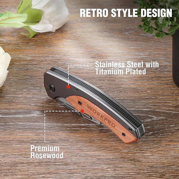 WORKPRO Folding Utility Knife, Quick-Change Box Cutter with Stainless Steel Head & Liner Lock, Wood Handle Razor Knife and Extra 10PC SK5 Blades