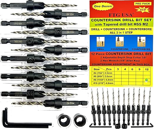 FTG USA 12 Pc #8 (11/64") Countersink Drill Bit Set for Wood with Tapered Drill Bit