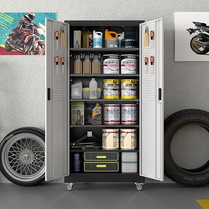 Aobabo Upgrade 71H''*32''W*16''D Metal Garage Storage Cabinet with Wheels and Pegboards, 5 Adjustable Shelves Steel Storage Cabinets for Home,Warehouse,Garage,Assembly Required,Black and Sliver