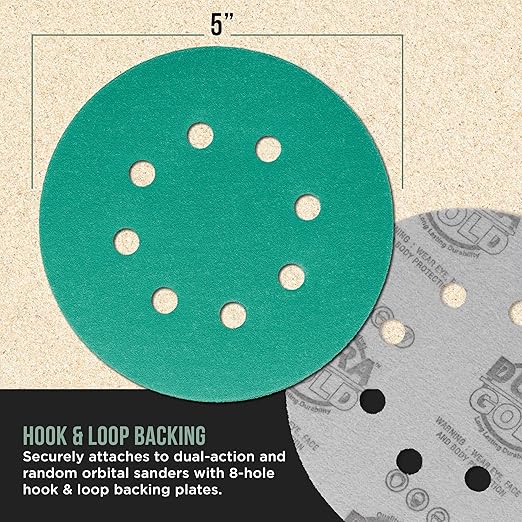 Dura-Gold Premium 100 Grit 5" Green Film Sanding Discs, 8-Hole Pattern, Box of 50 - Dustless Hook & Loop Backing Sandpaper for DA & Random Orbital Sanders, Sand Automotive Paint Woodworking Furniture