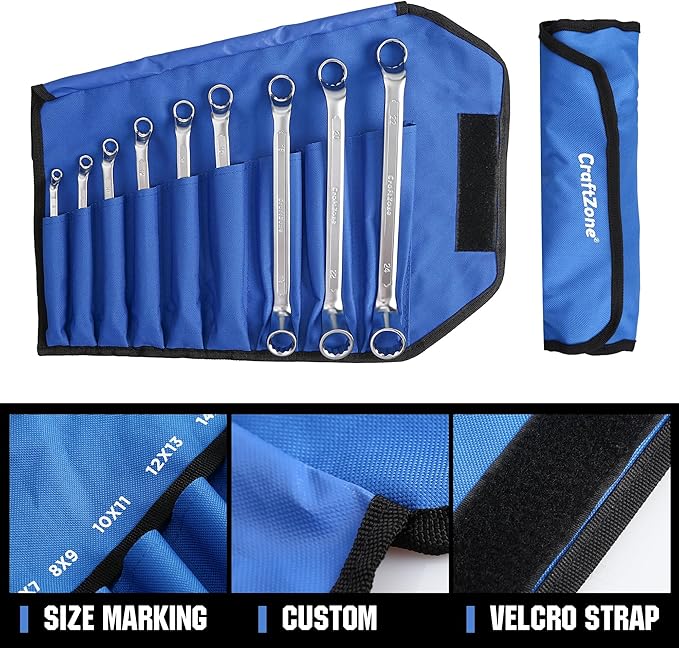 9pcs Double Offset Box End Wrenches Set, Metric Ratcheting Wrench Set, CR-V Steel with Rolling Pouch