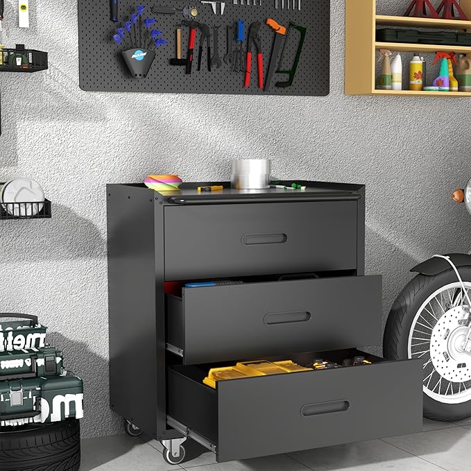Mobile Tool Storage Cabinet with Wheels,Heavy Duty Rolling Tool Cabinets for Garage,Metal Storage Cabinets with 3 Drawer,Assembly Required