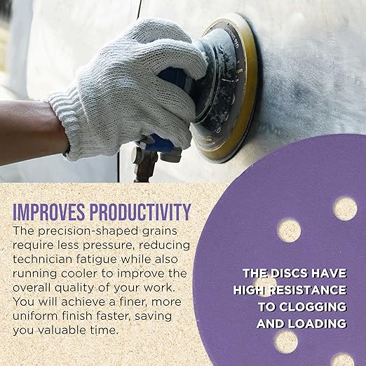 Dura-Gold Premium 320 Grit 5" Purple Film Ceramic Sanding Discs, 8-Hole Pattern, Box of 50 - Dustless Hook & Loop Backing Sandpaper for DA & Random Orbital Sanders - Sand Auto Paint, Wood, Woodworking