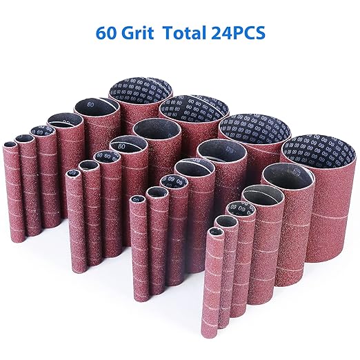 LotFancy 24PCS Spindle Sander Sleeves, 60 Grit Sanding Sleeves, Aluminum Oxide Abrasive, 4-1/2” Length, 4 Each of 1/2”,3/4”,1”,1-1/2”, 2” and 3”