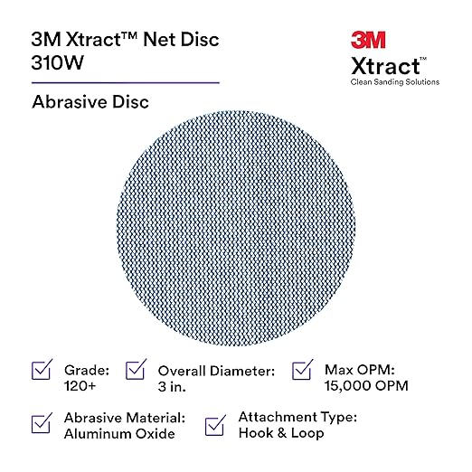 3M Xtract Net Disc 310W, 120+, 3 in, Die 300V, Pack of 50 Hook and Loop Sanding Discs, Virtually Dust-Free, Value Option for Metal, Wood, Composites, Stock Removal, and Fine Finishing