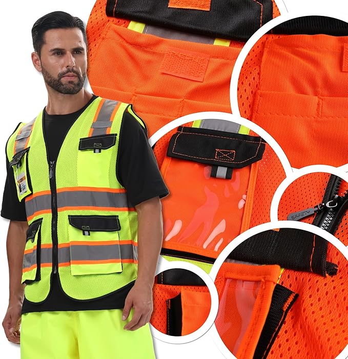 JKSafety Hi Vis Reflective Safety Vests for Men Women High Visibility Vest with Pockets Mesh Fabric Construction Safety Apparel Neon Vest for Work (220-Orange 3XL)