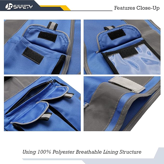 JKSafety 10 Pockets Blue Color Safety Vest Zipper Front with High Reflective Strips Meets ANSI/ISEA Standards (88-Blue, Large)