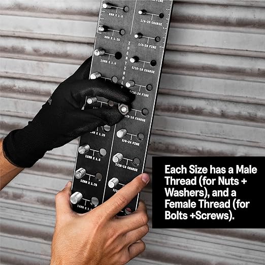 SST - Original Identibolt - Precise Threadchecker and Wall Mount - Imperial SAE and Metric Threads - 28 Nuts & Bolts Identifier - from #6 to ½ & 4mm to 14mm - in. and Cm. Rulers - Made in USA