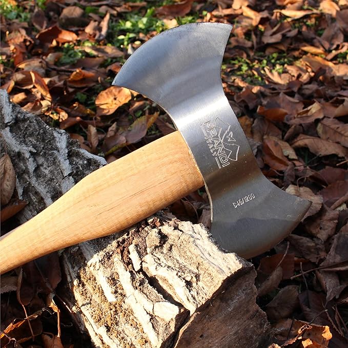 Prandi Axes C45 Forged Carbon Steel Throwing Axe - Hickory Handle - Double Bit Axe for Competitions and Recreation - S/N 3T.054.12.CH - 24" L x 10.67" W, 1200g Polished Head, No Sheath