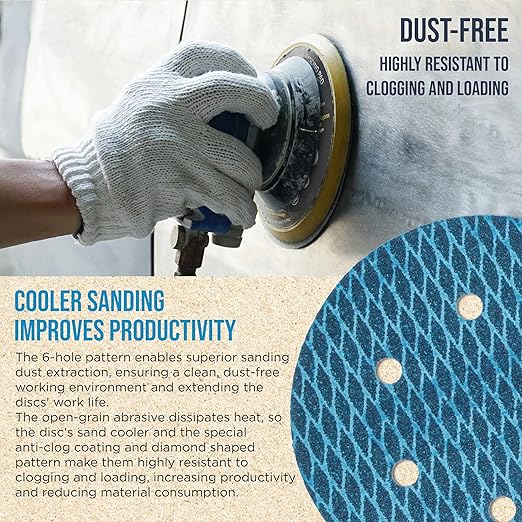 Premium 320 Grit 6" Rhombus Diamond Shape Blue Sanding Discs, 6-Hole, Box of 50 - Hook & Loop Anti-Clogging J-Cloth Dustless Sandpaper for Random Orbital Sanders, Sand Auto Paint, Wood