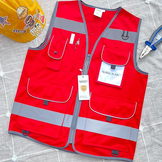 TCCFCCT Red Safety Vest for Men Women 9 Pockets High Visibility Reflective Vest for Safety, Work Vest with Reflective Strips, Meets ANSI/ISEA Standards, Large