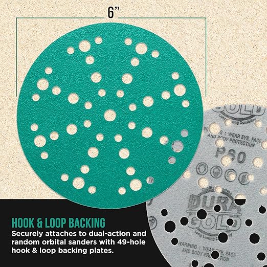 Dura-Gold Premium 40 Grit 6" Green Film Sanding Discs, 49-Hole Pattern, Box of 25 - Heavy-Duty Dustless Hook & Loop Backing Sandpaper for DA & Random Orbital Sanders, Sand Auto Paint, Wood Furniture