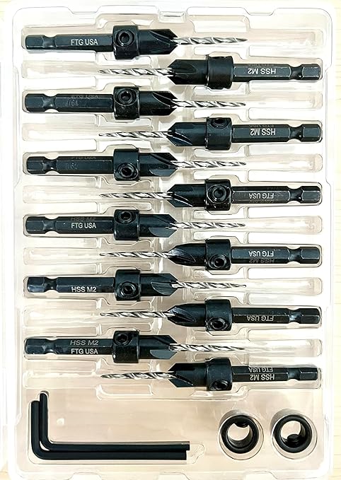 FTG USA Countersink Drill Bit Set for Wood with Tapered Drill Bit 12 Pc #4 (7/64")