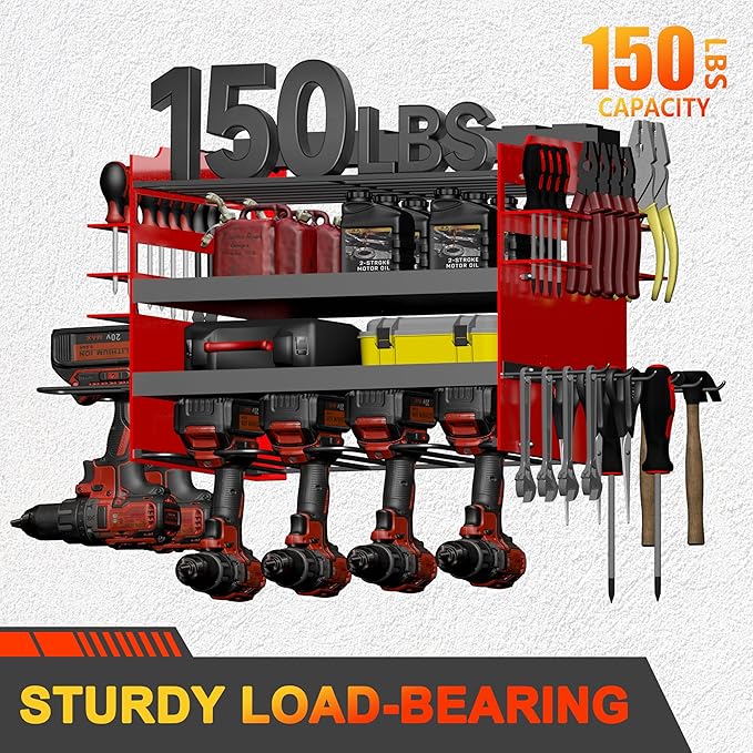 Homecor Power Tool Organizer Wall Mount with Charging Station, 4-Layer Drill Holder Heavy Duty Metal Storage Rack for Garage Organization Drill Storage Shelf, Fathers Day Dad Gifts for Dad Husband