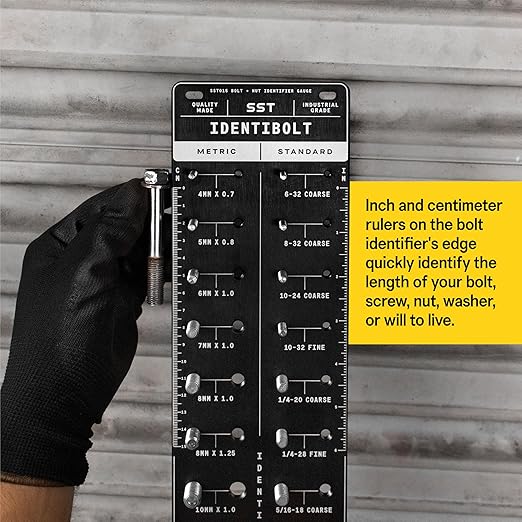 SST - Original Identibolt - Precise Threadchecker and Wall Mount - Imperial SAE and Metric Threads - 28 Nuts & Bolts Identifier - from #6 to ½ & 4mm to 14mm - in. and Cm. Rulers - Made in USA