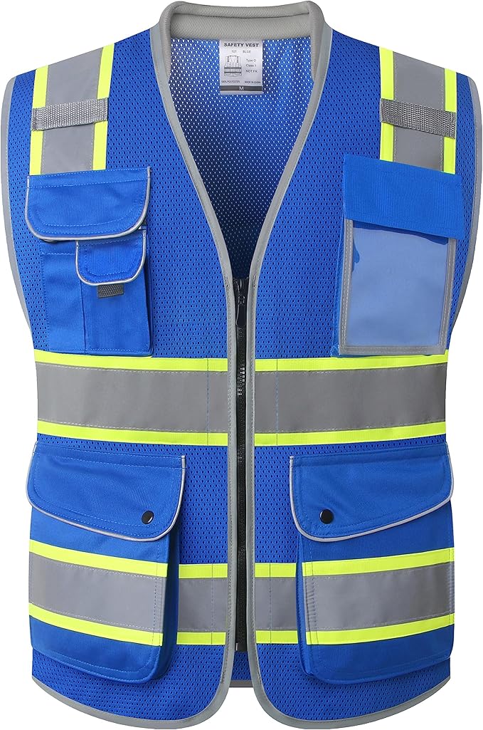 JKSafety 9 Pockets Hi-Vis Safety Vest Breathable Mesh Fabric Cushioned Collar Work Utility PPE Lightweight Industrial Work Gear ANSI/ISEA compliant (101-Blue M)