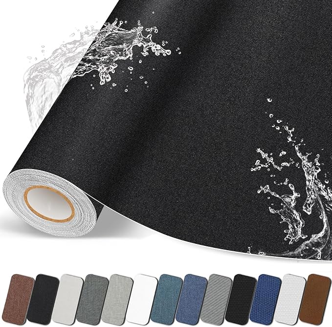 Fabric Repair Patches, 17X158 inch Linen Self-Adhesive Fabric Repair Tape, Strong Sticky Linen Patch for Sofas, Tote Bags, Clothing, Car Seats, Furniture（Black, 17X158 inch）