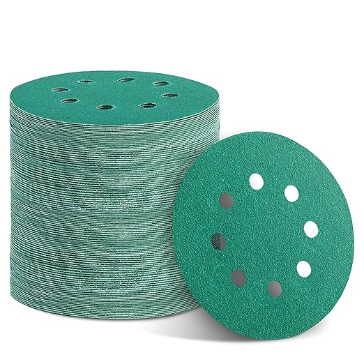 100PCS Premium Green Sanding Discs Set, 5-Inch 8-Hole Sandpaper for Random Orbital Sander, Including 60,80,100,120,150,180,240,320,400,600 Grit