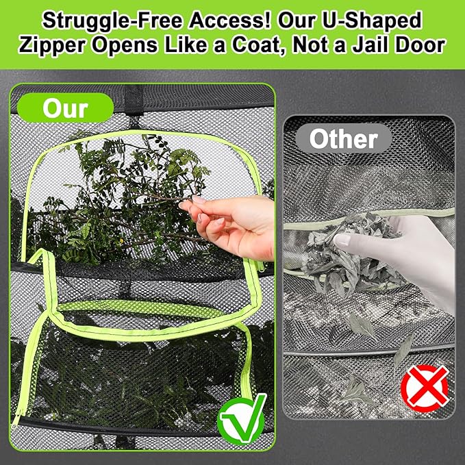 LUKETURE 4-Layer Herb Drying Rack Hanging Mesh Net,Windproof Drying Rack w/U-Zipper Design & Hook - Foldable & Collapsible for Plants, Herbs, Flowers, Fish, Clothes | Save Space | Natural Drying