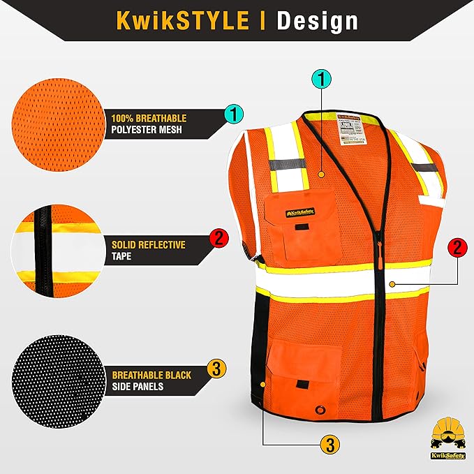 KwikSafety - Charlotte, NC - BIG KAHUNA Safety Vest [2 PACK] Class 2 ANSI OSHA Reflective Vest Durable High Visibility Vest Construction Safety Vest for Men Industrial Work Gear/Orange Small