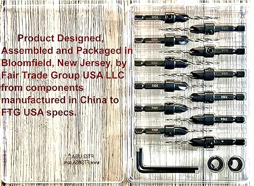 FTG USA Countersink Drill Bit Set 6 Pc #4 (7/64"), 6 Pc #6 (9/64") Tapered Countersink Bit, Stop Collar, Hex Wrench, Woodworking Countersink Drill Bits