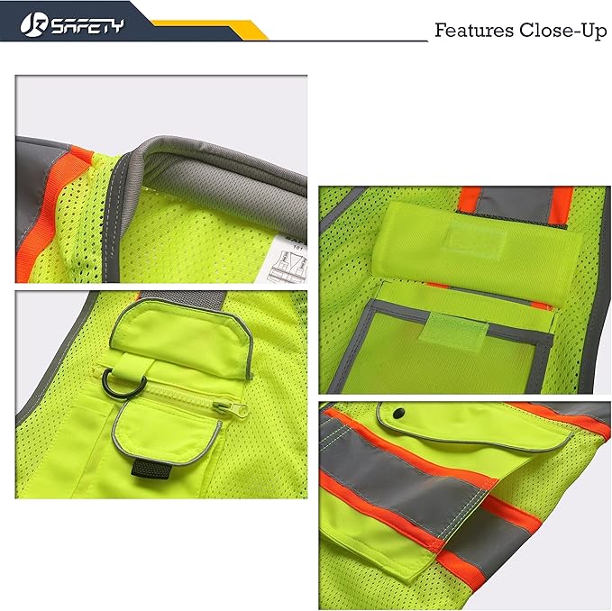 JKSafety 9 Pockets Hi-Vis Safety Vest Breathable Mesh Fabric Cushioned Collar Work Utility PPE Lightweight Industrial Work Gear ANSI/ISEA compliant (101-Yellow M)
