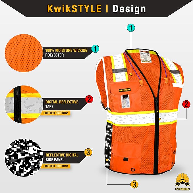 KwikSafety - BIG KAHUNA DIGITAL Safety Vest [LIMITED EDITION] Class 2 ANSI OSHA Reflective Vest Durable High Visibility Vest Construction Safety Vest for Men Industrial Work Gear/Orange Large