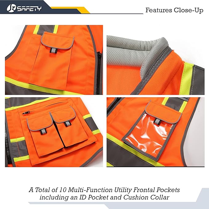 JKSafety 10 Pockets Class 2 Hi-Vis Zipper Front Safety Vest | Cushioned Collar | High Reflective Tapes with Extended Neon Yellow Strips | Meets ANSI/ISEA Standards (3X-Large, 89-Orange)