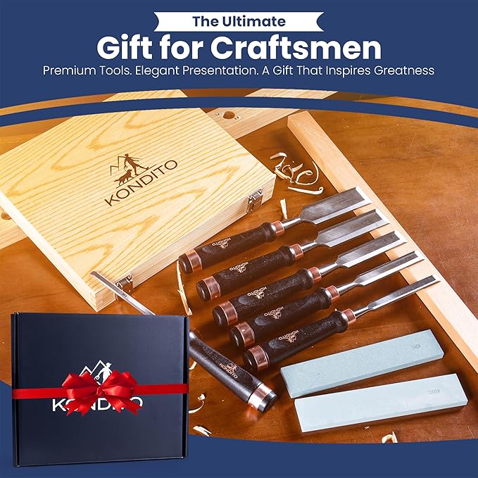KONDITO Wood Chisel Set – 8-Piece Premium Woodworking Chisel Kit with 6 CRV60 Steel Blades (6–38mm), 2 Sharpening Stones & Hardwood Case – Wood Carving Chisels for Joinery, Sculpting & Carpentry Tools