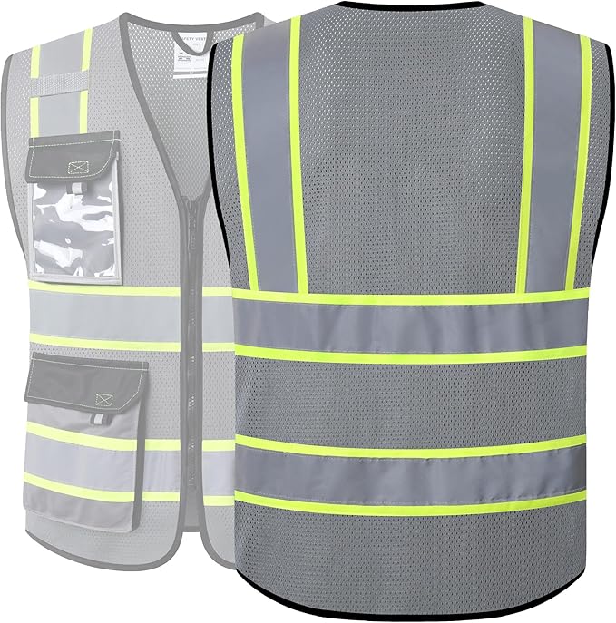 JKSafety Hi Vis Reflective Safety Vests for Men Women High Visibility Vest with Pockets Mesh Fabric Construction Safety Apparel Neon Vest for Work (220-Grey M)