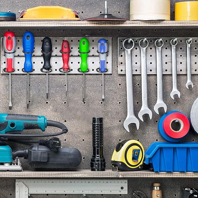 Hotop 2 Pieces Pegboard Screwdriver Holder Peg Board Tool Utility Hooks Pegboard Accessories Six-Tool Organizer Racks Accessory Multi-Ring Holder for Pliers(Black)