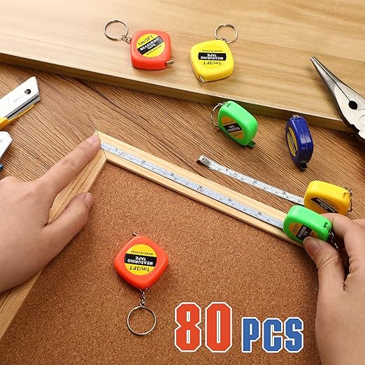 Macarrie 80 Pcs Small Tape Measure Keychains 3 ft/ 1 m Mini Retractable Measuring Tape Bulk with Slide Lock Construction Party Favors for School Prize Bag Filler DIY Projects Office Home Use, 4 Colors