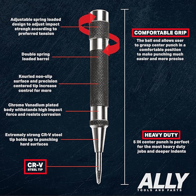 ALLY Tools Heavy Duty Automatic Center Punch w/Hardened Steel – 2PC Premium Automatic Center Punch for Metal for Machinists and Carpenters w/Adjustable Knurled Cap, Spring Loaded and Hard-Shell Case